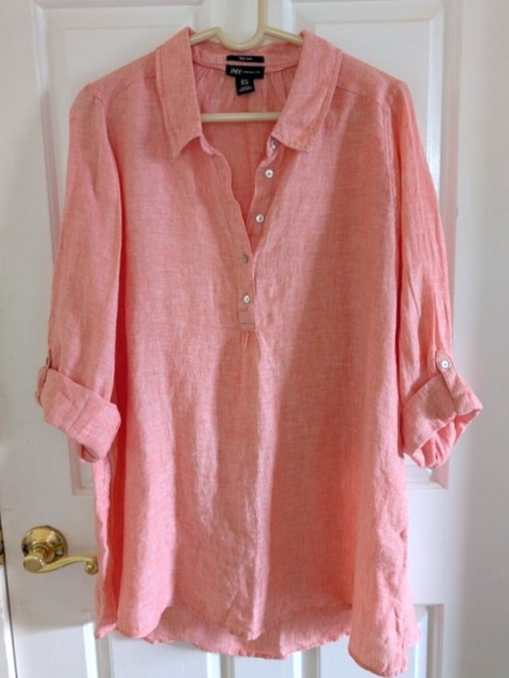 NWOT Jones New York Coral Pink Linen Button-Front Tunic Roll Tab Sleeve 1X